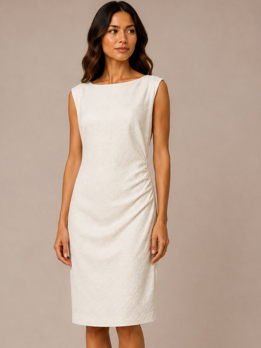 Cache Ivory Textured Ruched Sheath Dress XL Quiet Luxury Minimalist